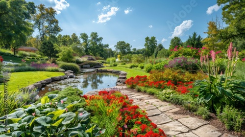 A lush botanical garden with colorful blooms, winding paths, and tranquil ponds, under a bright summer sun and clear blue skies, offering a serene backdrop for business messaging