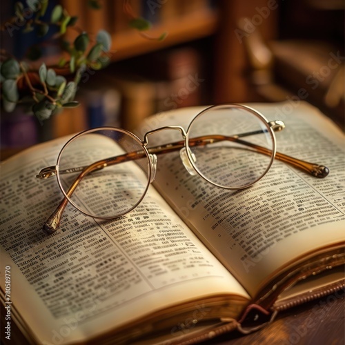 Pair of vintage eyeglasses resting on an open book, with soft