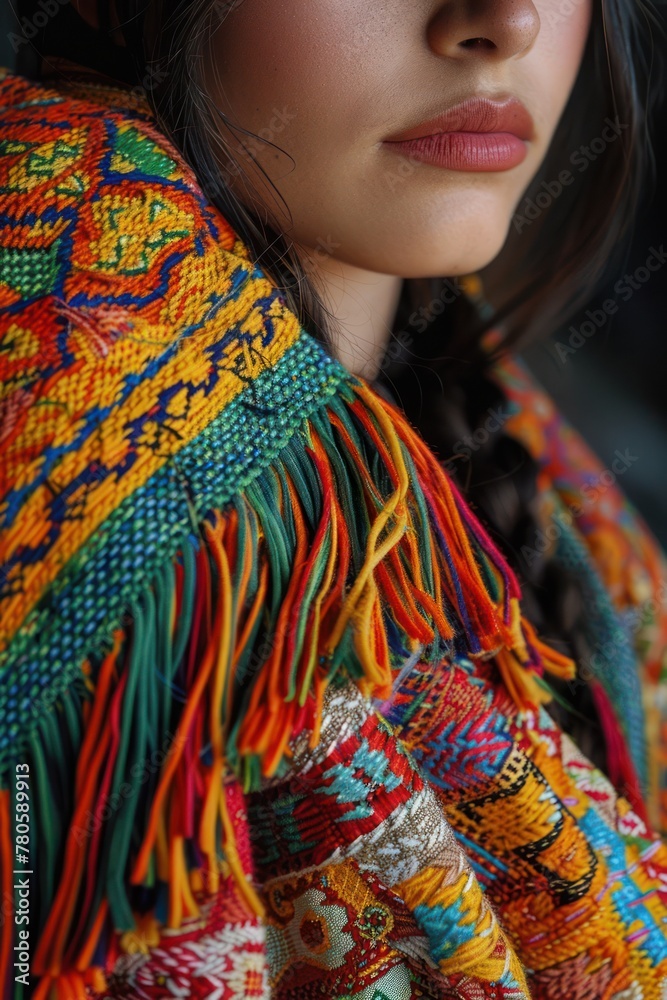 Traditional indigenous clothing, focusing on the intricate patterns, vibrant colors, and unique designs