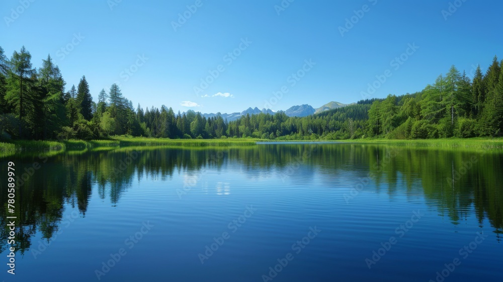 A serene lake surrounded by verdant forests and distant mountains, reflecting the clear blue sky above, creating a tranquil summer background perfect for showcasing business branding.