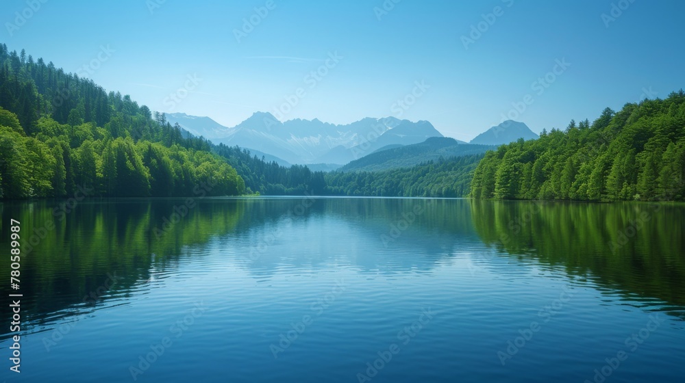 A serene lake surrounded by verdant forests and distant mountains, reflecting the clear blue sky above, creating a tranquil summer background perfect for showcasing business branding.