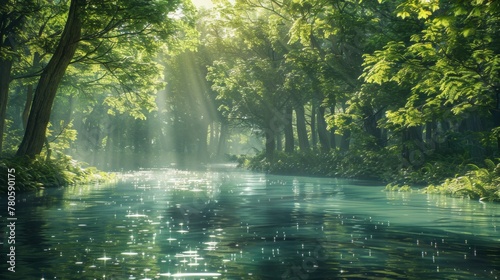 A tranquil river winding through a lush forest, with sunlight filtering through the canopy of trees and sparkling on the water's surface, offering a serene summer background for business branding.