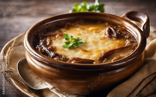 French onion soup, caramelized onions, melted cheese top, traditional crock, cozy tavern setting photo