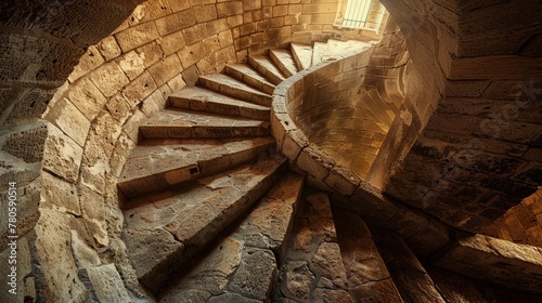 Ancient stone staircase winding up a tower, narrow windows allowing sunlight, creating a high-contrast effect