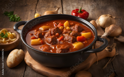 Hungarian goulash, hearty, paprika-rich, iron pot, dim, warm lighting