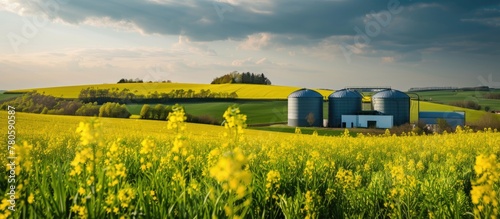 A biogas facility near a springtime field of yellow rapeseed. photo