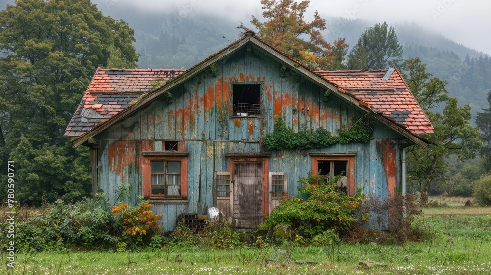 A blue house with a red roof and a window. The house is old and abandoned. The grass is green and the sky is cloudy A blue house with a red roof and a window. The house is old and abandoned. The grass is green and the sky is cloudy