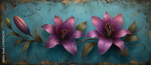 purple flowers on a blue background with a rusty surface