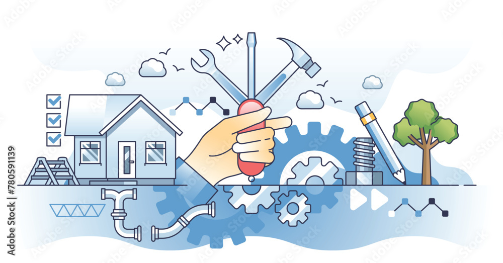 Obraz premium Handyman occupation with house maintenance or fix task outline hands concept. Technical plumber, electrician or reconstruction work vector illustration. Craftsman employee with tools and knowledge.