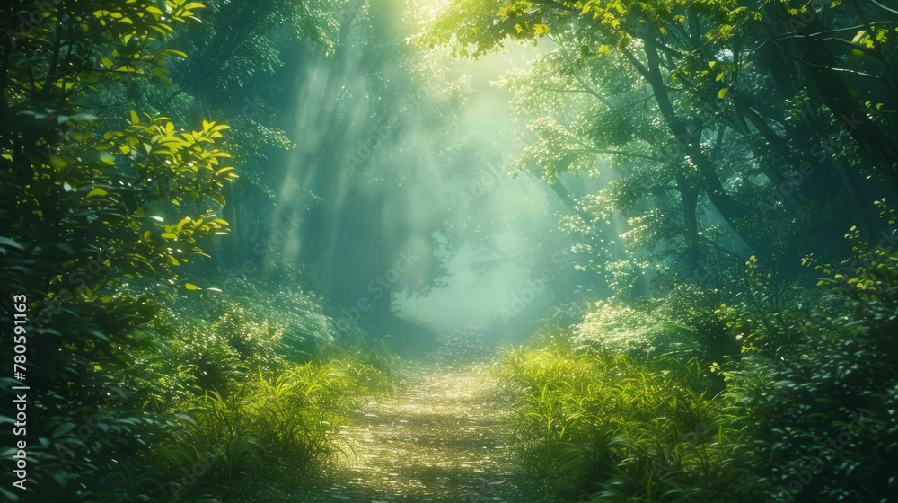 Fototapeta premium Enchanted Forest, A narrow path meanders through an enchanted forest bathed in ethereal light.