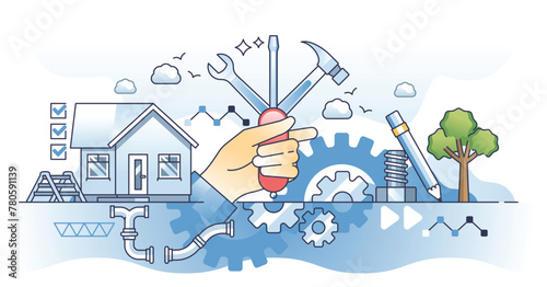 Handyman occupation with house maintenance or fix task outline hands concept. Technical plumber, electrician or reconstruction work vector illustration. Craftsman employee with tools and knowledge.