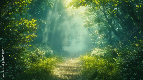 Enchanted Forest, A narrow path meanders through an enchanted forest bathed in ethereal light.