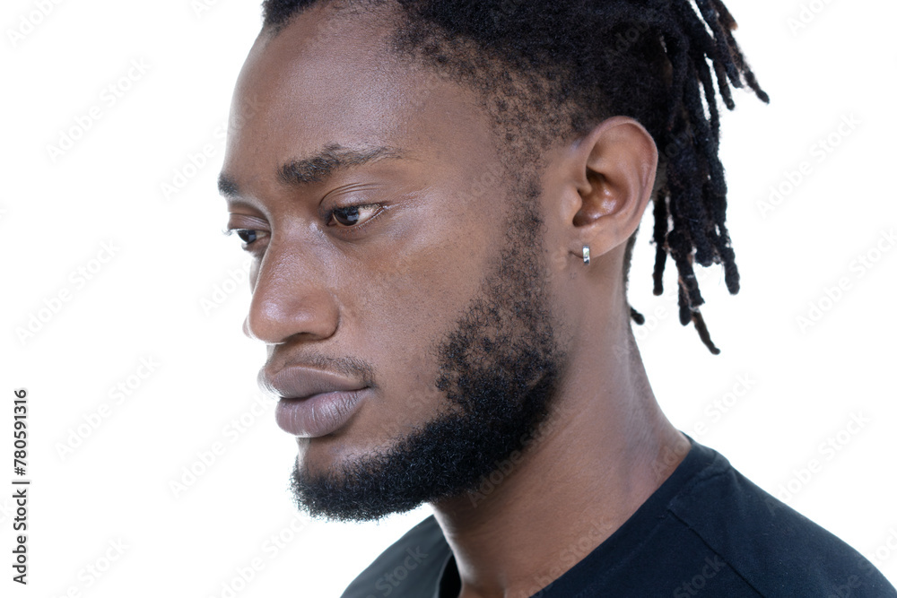 A closeup portrait of a thoughtful African American man - obrazy, fototapety, plakaty 