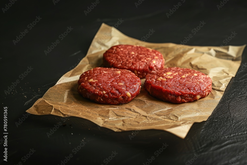 Obraz premium Ground Beef Burger Closeup on Black Background with Butcher Paper Separating Patties for Baking, BBQ or Grilling