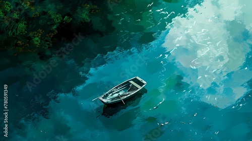 green and blue small boat on the river, high mountain illustration poster background © jinzhen