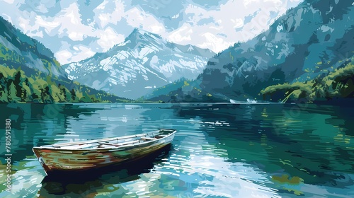 green and blue small boat on the river  high mountain illustration poster background
