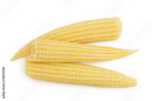 Pickled young baby corn cobs isolated on white background Top view. Flat lay