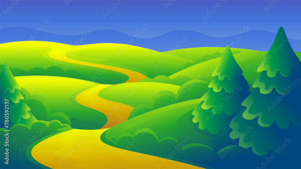 Obraz premium Green hills and forest gradient illustration. Beautiful landscape view of the path.