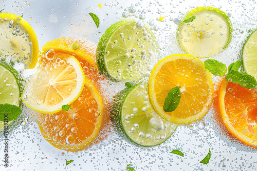 Carbonated drink, mint leaves and fruit slices of lemon, lime and orange floating in it. Summertime background.