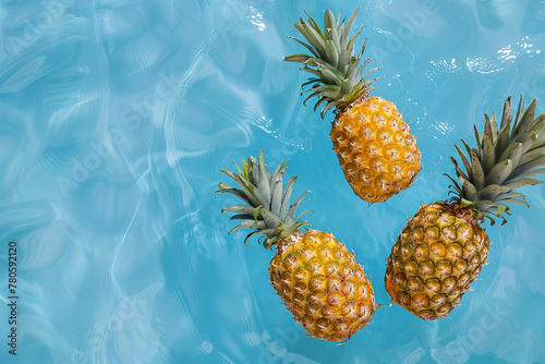 Three pineapples falling into the water of a pool illuminated by the sun. Summertime concept. © Eugene_Photo