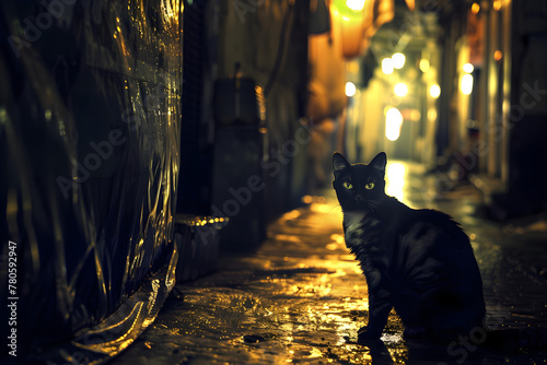 A solitary cat sits in a narrow, dimly lit alleyway at night, surrounded by walls covered in graffiti, evoking a sense of urban solitude and mystery. © Bruno Mazzetti