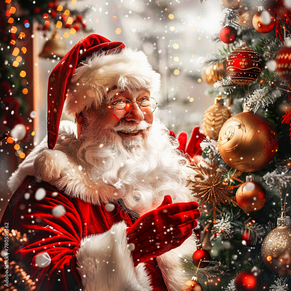 3D Santa Claus with Christmas tree and Christmas balls background 3D Santa Claus with Christmas tree and Christmas balls background