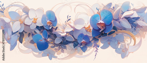 a painting of a bunch of blue flowers on a white background