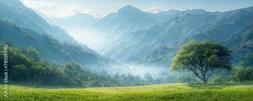 Misty mountain range with a solitary tree
