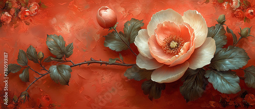 a painting of a flower on a red wall