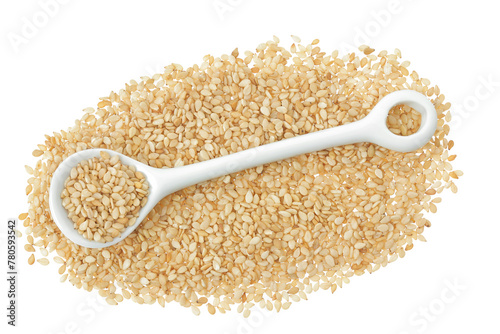Sesame seeds in ceramic spoon isolated on white background. Top view. Flat lay
