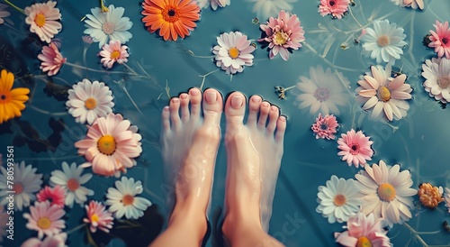 a person's feet in water with flowers floating around them