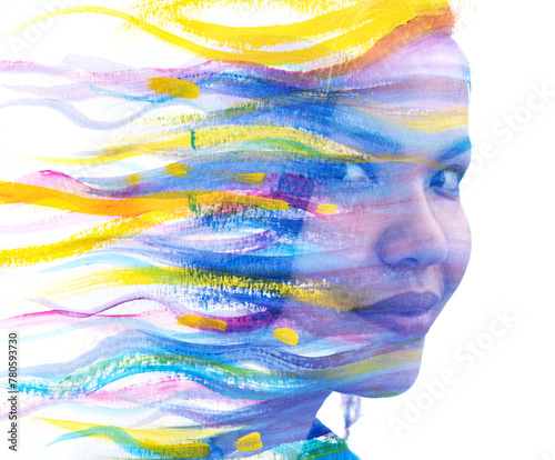 A half-profile colorful paintography portrait of a young Asian woman