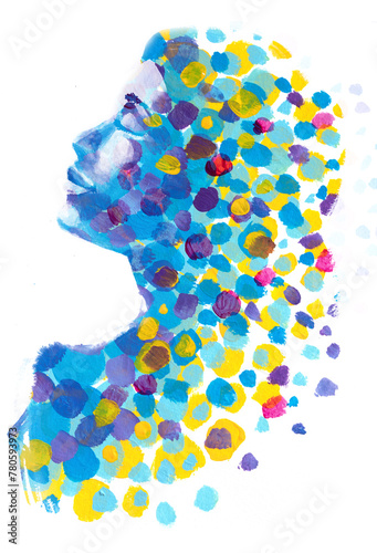A painted colorful double exposure portrait of a woman's profile