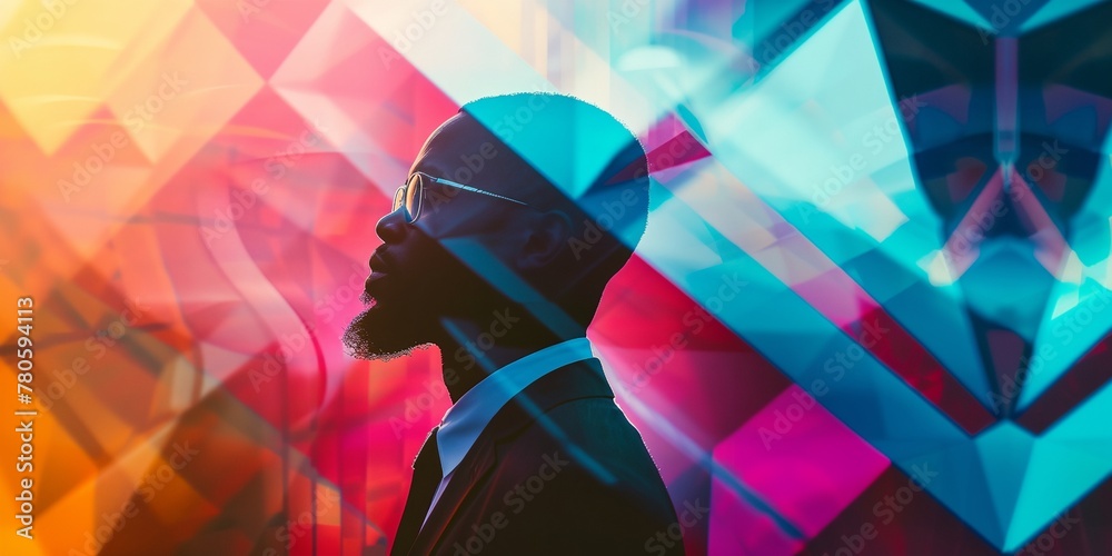 a man with a beard and glasses standing in front of a colorful background - obrazy, fototapety, plakaty 