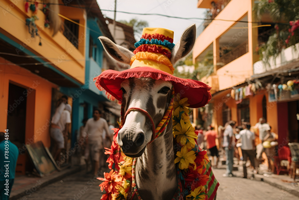 At the Cinco de Mayo celebration, there is a donkey sporting a sombrero, a typical Mexican hat