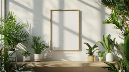 Interior Decor, A minimalist photo frame on a white wall surrounded by green plants. © ChubbyCat