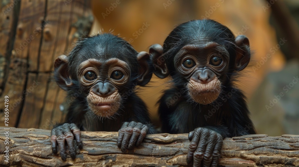 Fototapeta premium Two baby monkeys are looking at the camera while sitting on a log, AI