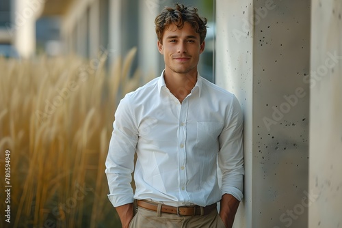 Man in white shirt and khaki pants smiling for a photo. Concept Outdoor Photoshoot, White Shirt, Khaki Pants, Smiling Pose, Portrait