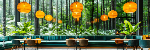 Modern Cafe Design Blending with Nature, Bright Interior with Green Decor and Stylish Furniture in a Forest Park Setting photo