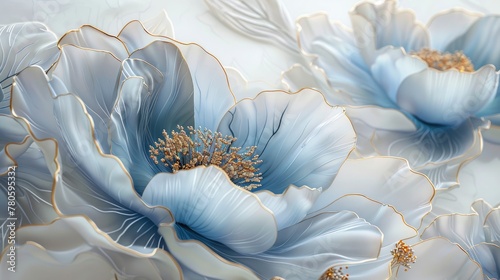 Fototapeta Naklejka Na Ścianę i Meble -  3D blue peony flowers with white background, light gold and dark beige style, elegant flower design, closeup of large petals, ultrahigh definition images