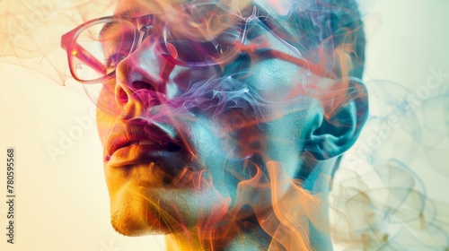 A man with glasses and smoke coming out of his face, AI