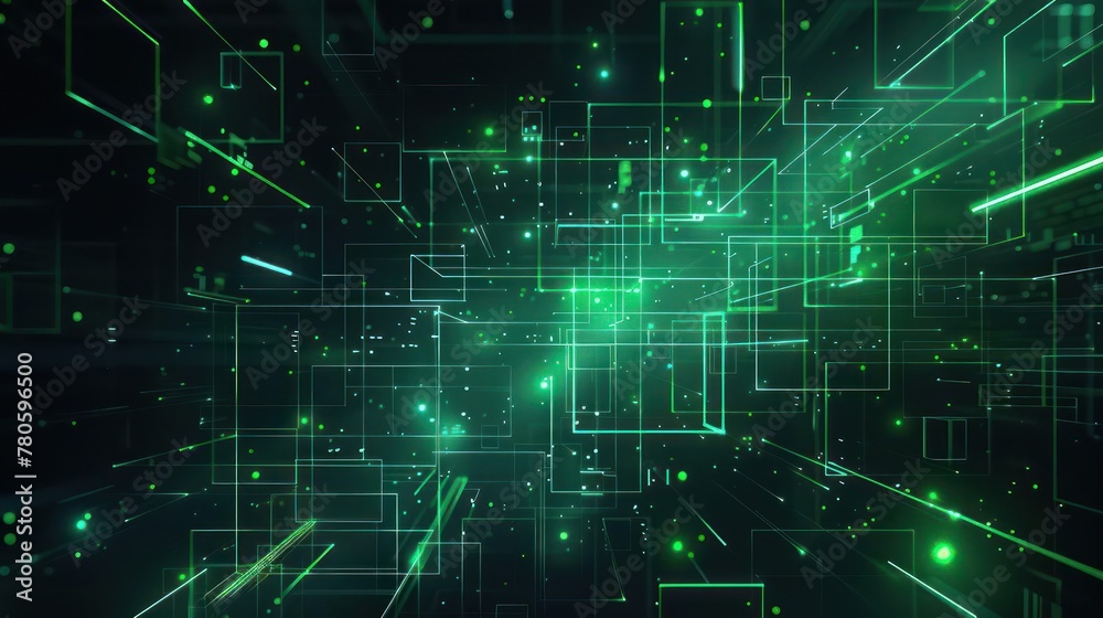 A futuristic 3d illustration of a cyberspace with flying green digital cubes and lines A futuristic 3d illustration of a cyberspace with flying green digital cubes and lines