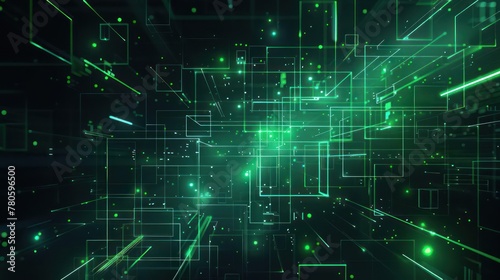 A futuristic 3d illustration of a cyberspace with flying green digital cubes and lines