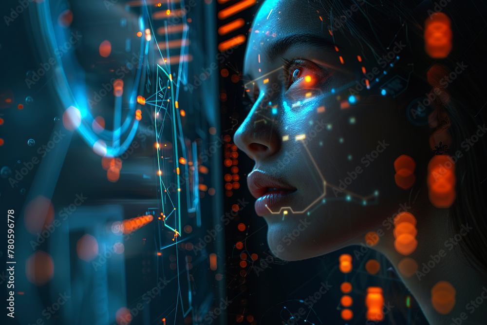 Beautiful girl looking at a futuristic holographic computer interface in a tech environment Beautiful girl looking at a futuristic holographic computer interface in a tech environment