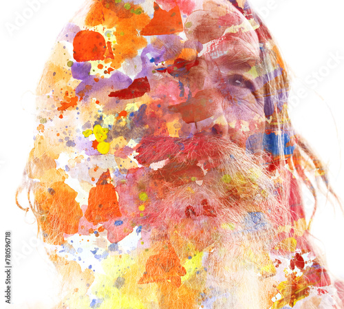 A portrait of an old man combined with an abstract painting