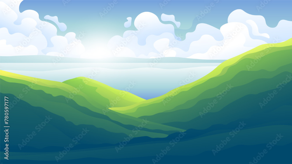 Fototapeta premium View of the green forest hills from the peak of the mountain. Sea view from a distance. Horizontal natural landscape of recreation in the mountains.
