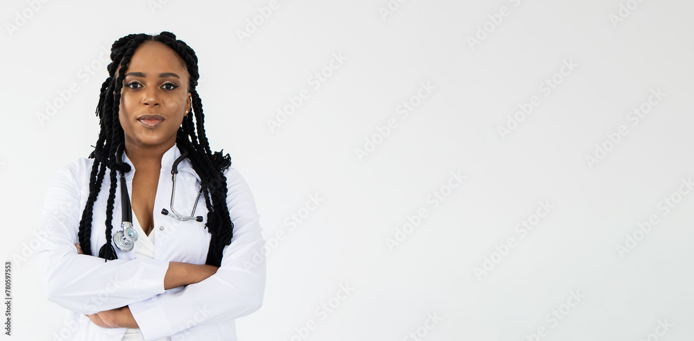 Banner portrait young african american woman dreadlocks white coat ...