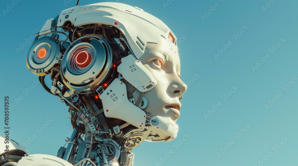 A close up of a robot with red eyes and glowing lights, AI A close up of a robot with red eyes and glowing lights, AI