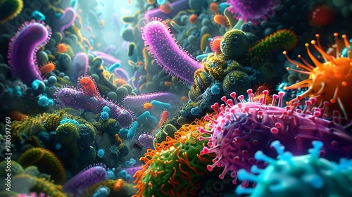 A stunning 3D illustration that depicts a rich and diverse imaginary microbial ecosystem, full of vivid colors and fantastical shapes.