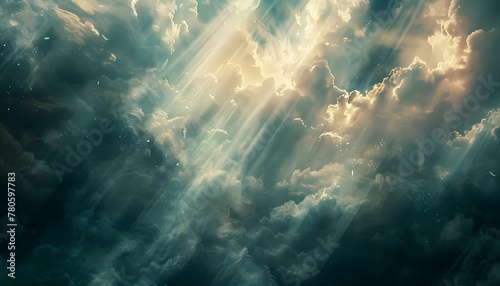 Sun rays shining through stormy cloudscape with dark blue sky and dense clouds photo